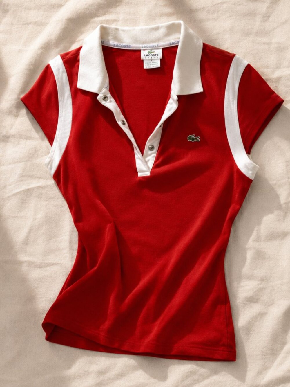 Vintage Lacoste Sport Red Polo White Trim Snap Placket Medium 42 - Picture 4 of 8